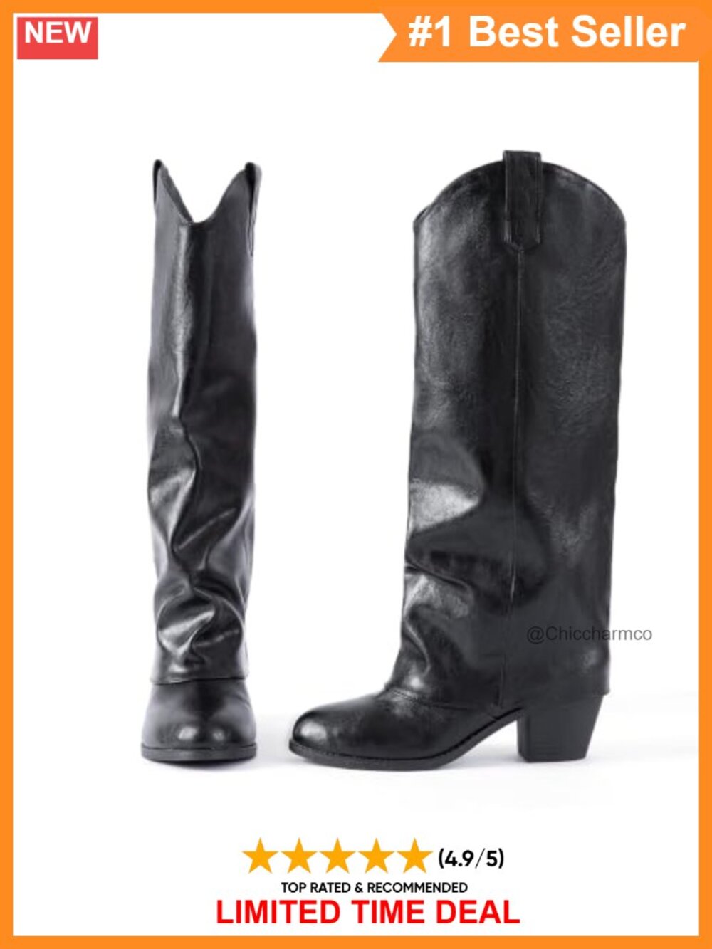 Faux Leather Slouchy Knee High Boots Western Cowboy Stacked Heel